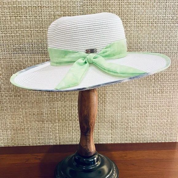 🌟HP🌟NWOT White & Lime Green Paper Straw Hat UPF 50+ by Sun N Sand Adjustable - Picture 2 of 9